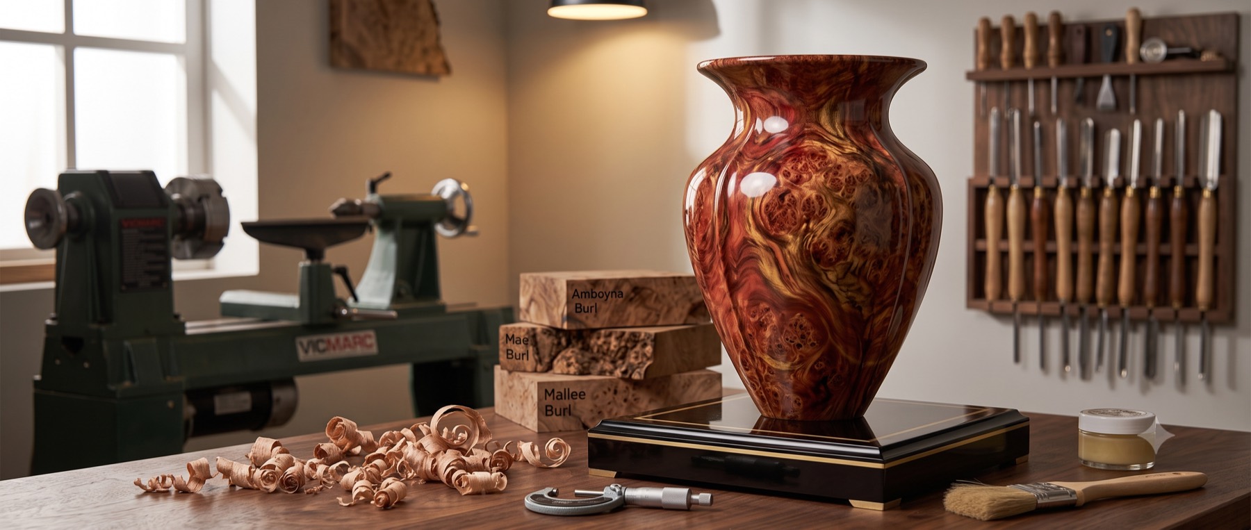 A turned burl vase on the workbench, the lathe behind